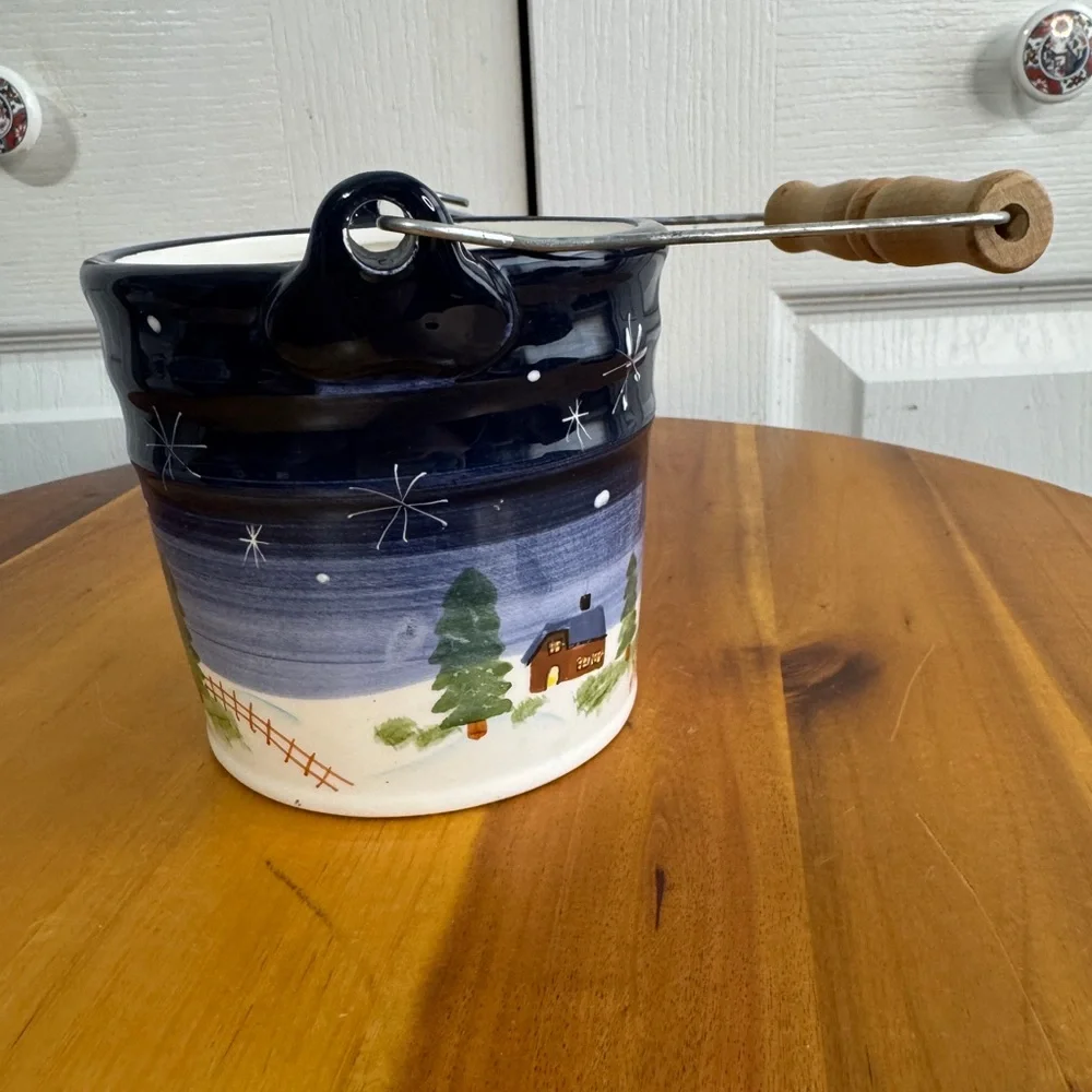 Vintage hand painted snowman barn Christmas tree‎ bucket pale